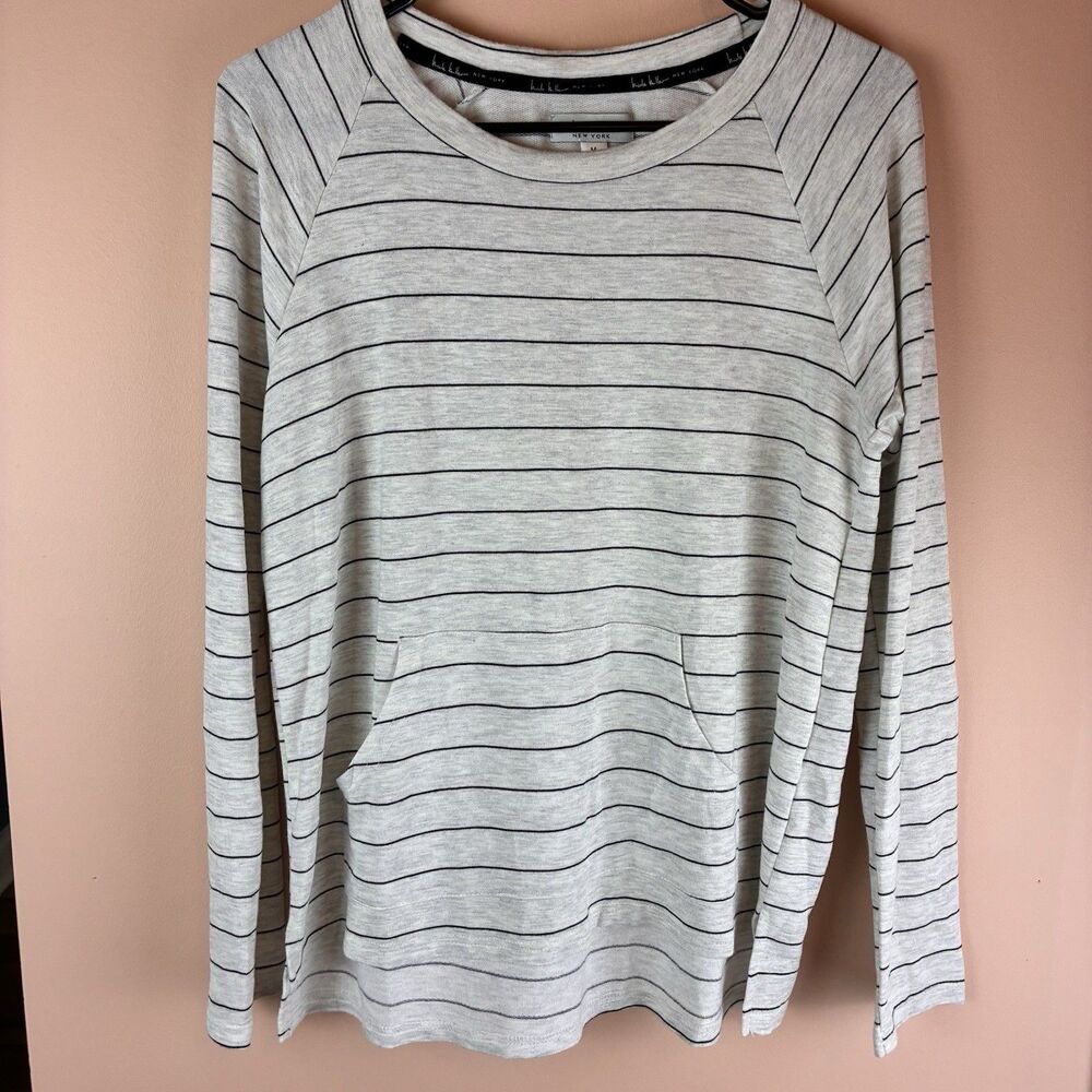 Nicole Miller Women’s Gray Heather Black Striped Shirt Size M Front Pocket